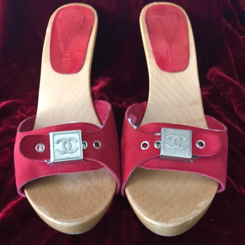 Chanel Authentic Red Suede Mule Sandals